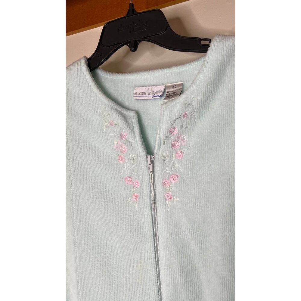 Allyson Whitmore Womens Mint Green Embroidered Zip-Front Robe Pockets Sz L Soft